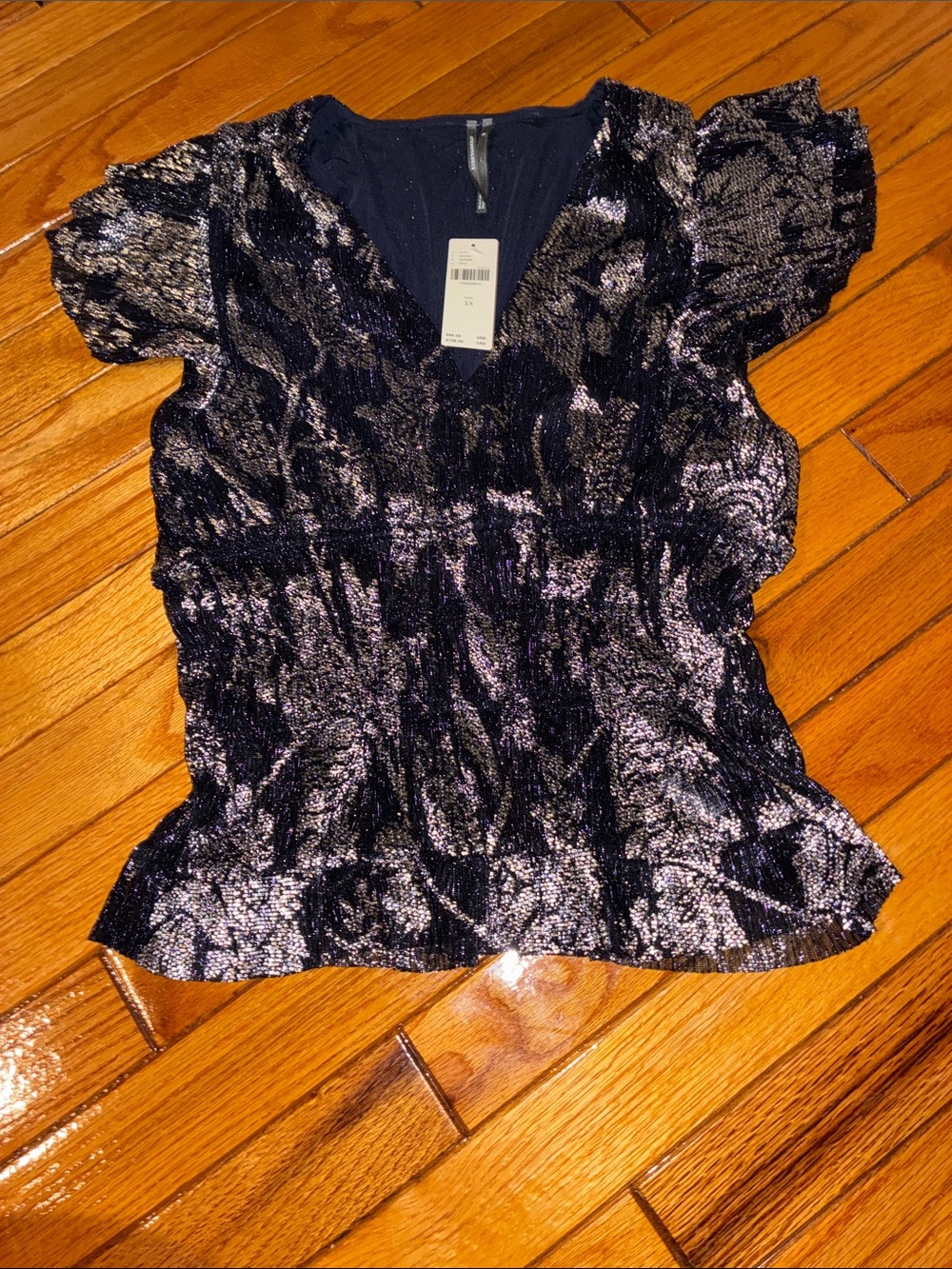 Anthropologie Navy & Silver foil blouse size xs